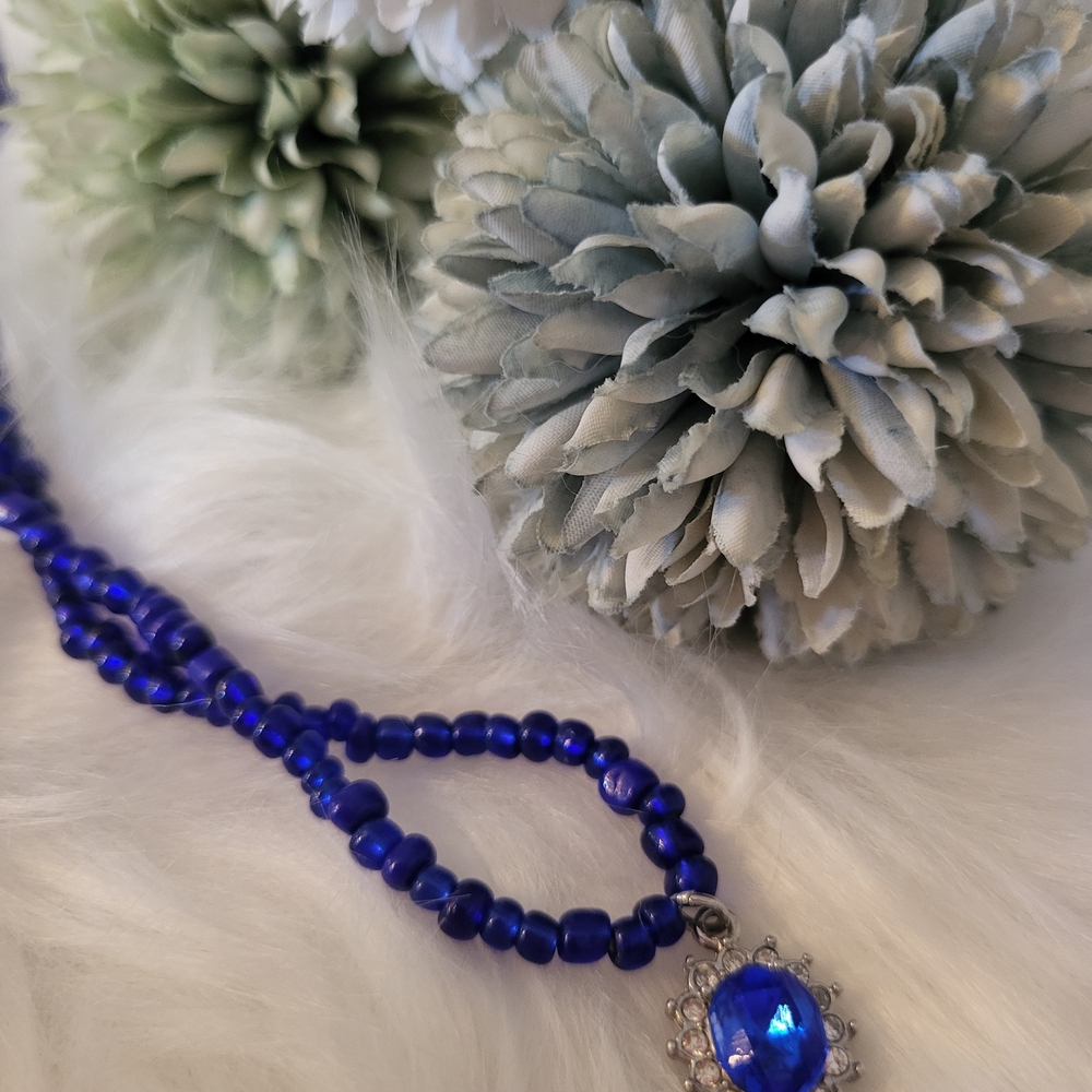 NWT Royal Cobalt Blue Beaded Statement Necklace w/ Large Rhinestone Pendant Sz